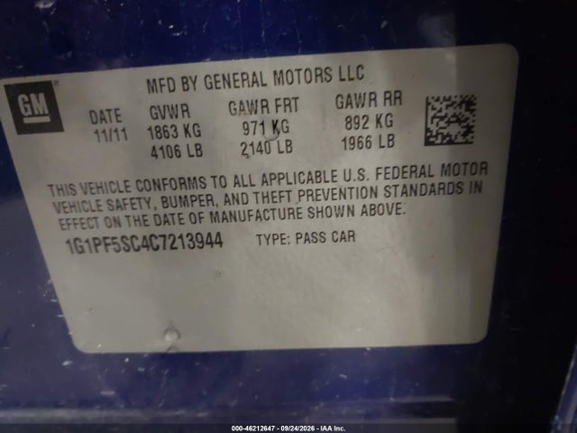 46212647 :رقم المزاد ، 1G1PF5SC4C7213944 vin ، 2012 Chevrolet Cruze 1lt مزاد بيع