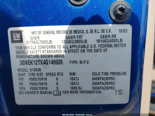 2004 Chevrolet Avalanche 1500 მანქანა იყიდება აუქციონზე, vin: 3GNEK12TX4G149926, აუქციონის ნომერი: 46212656