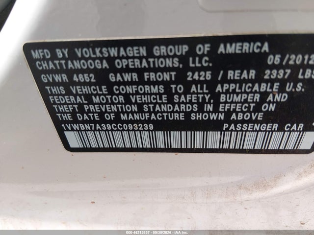 46212657 :رقم المزاد ، 1VWBN7A39CC093239 vin ، 2012 Volkswagen Passat 2.0l Tdi Se مزاد بيع