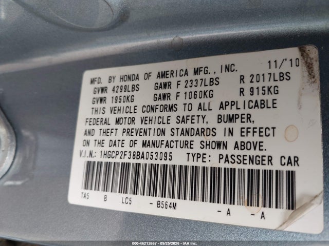 46212667 :رقم المزاد ، 1HGCP2F38BA053095 vin ، 2011 Honda Accord 2.4 Lx مزاد بيع