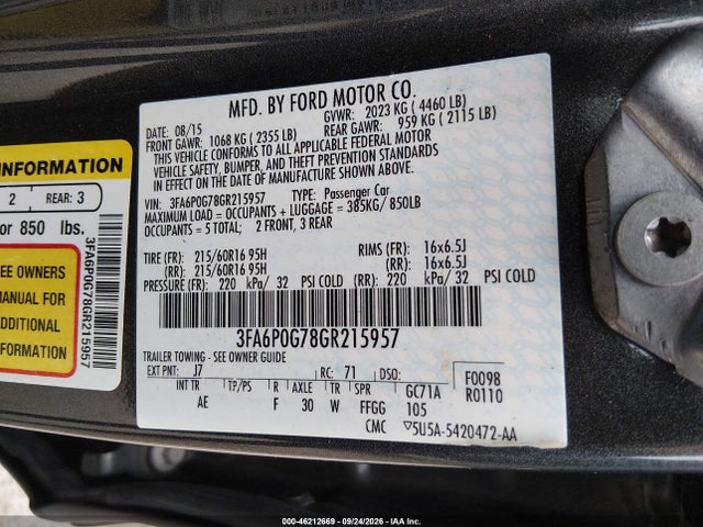 Продажа на аукционе авто 2016 Ford Fusion S, vin: 3FA6P0G78GR215957, номер лота: 46212669