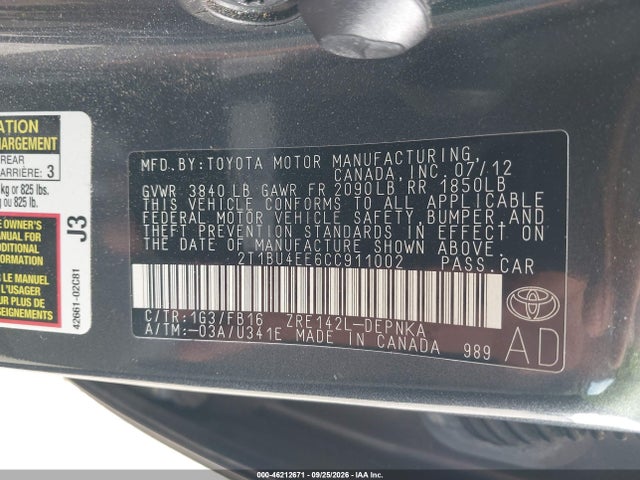 Продаж на аукціоні авто 2012 Toyota Corolla Le, vin: 2T1BU4EE6CC911002, номер лоту: 46212671