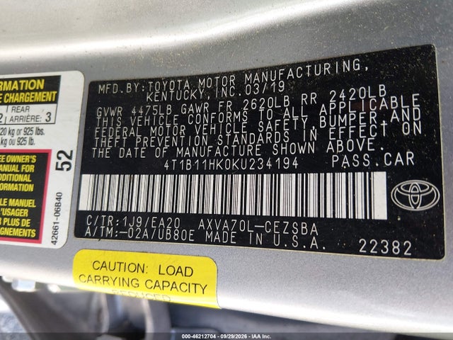 46212704 :رقم المزاد ، 4T1B11HK0KU234194 vin ، 2019 Toyota Camry Se مزاد بيع