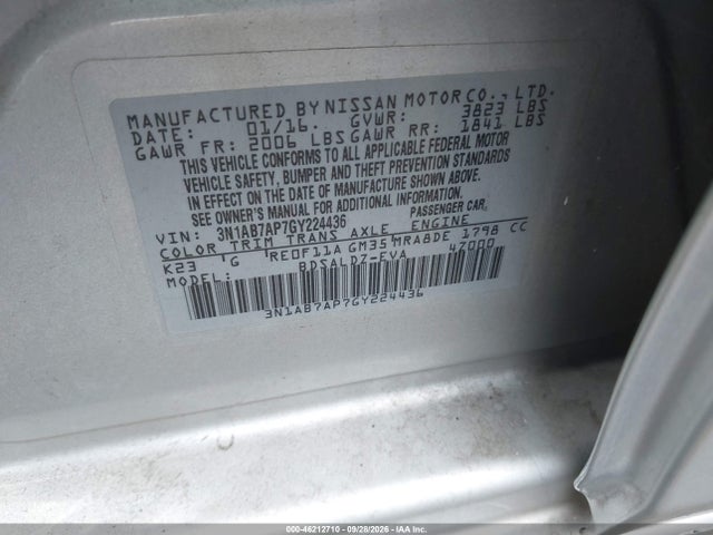 46212710 :رقم المزاد ، 3N1AB7AP7GY224436 vin ، 2016 Nissan Sentra Sv مزاد بيع