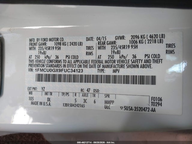 Продаж на аукціоні авто 2015 Ford Escape Se, vin: 1FMCU0GX9FUC34123, номер лоту: 46212714