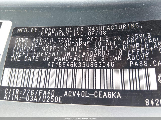 Aukcja sprzedaży 2009 Toyota Camry Xle, vin: 4T1BE46K39U863046, numer aukcji: 46212716