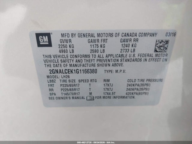 46212728 :رقم المزاد ، 2GNALCEK1G1166380 vin ، 2016 Chevrolet Equinox Lt مزاد بيع