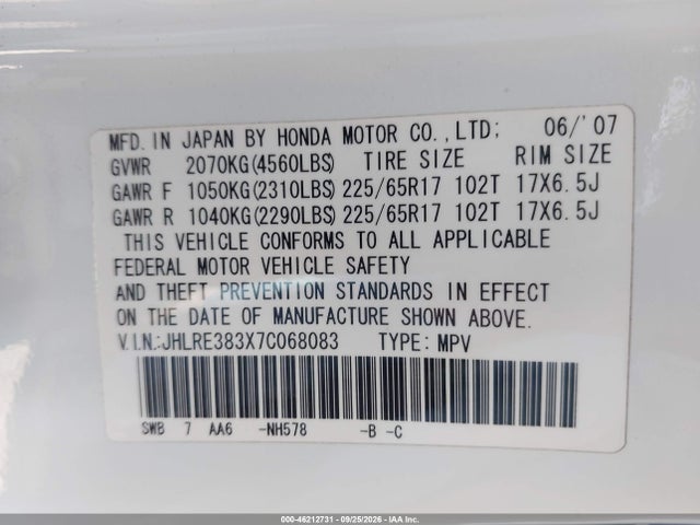 Aukcja sprzedaży 2007 Honda Cr-v Lx, vin: JHLRE383X7C068083, numer aukcji: 46212731