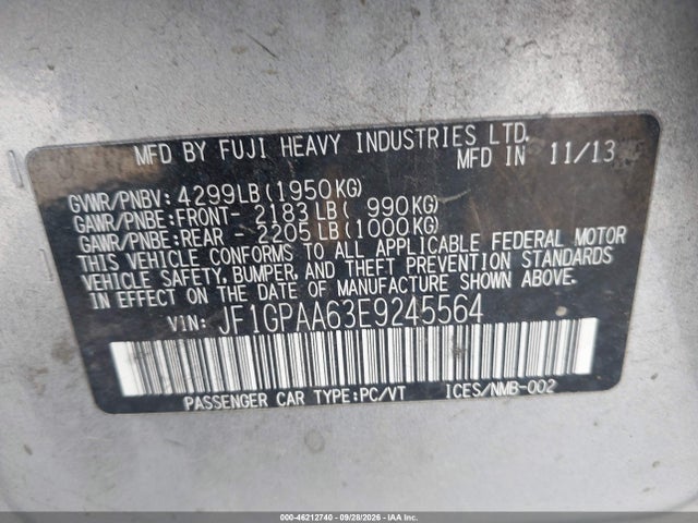 46212740 :رقم المزاد ، JF1GPAA63E9245564 vin ، 2014 Subaru Impreza 2.0i مزاد بيع