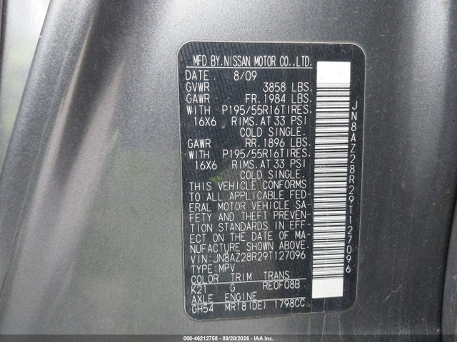 Aukcja sprzedaży 2009 Nissan Cube 1.8sl, vin: JN8AZ28R29T127096, numer aukcji: 46212758