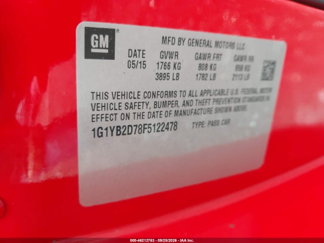 Aukcja sprzedaży 2015 Chevrolet Corvette Stingray, vin: 1G1YB2D78F5122478, numer aukcji: 46212763