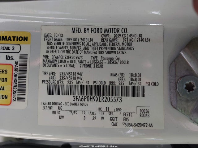 46212768 :رقم المزاد ، 3FA6P0H9XER205573 vin ، 2014 Ford Fusion Se مزاد بيع