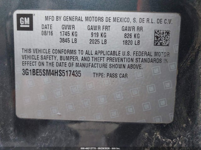 Продаж на аукціоні авто 2017 Chevrolet Cruze Lt Auto, vin: 3G1BE5SM4HS517435, номер лоту: 46212770