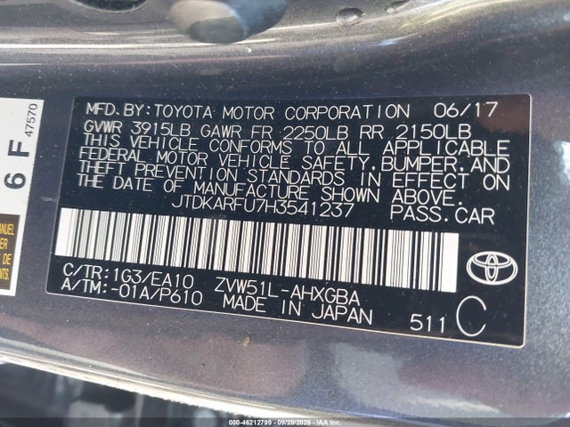 Продажа на аукционе авто 2017 Toyota Prius Four, vin: JTDKARFU7H3541237, номер лота: 46212799