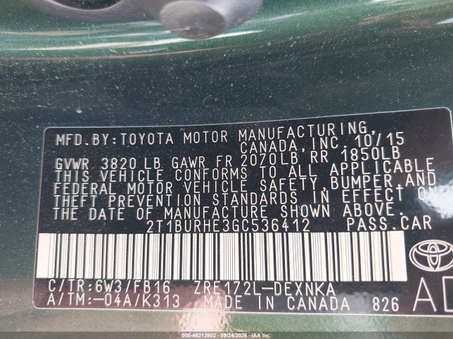 Aukcja sprzedaży 2016 Toyota Corolla Le, vin: 2T1BURHE3GC536412, numer aukcji: 46212802
