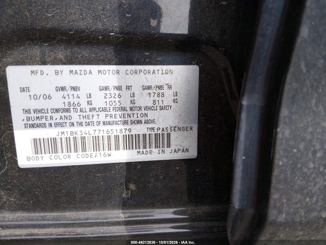 Продажа на аукционе авто 2007 Mazda Mazdaspeed3 Sport, vin: JM1BK34L771651879, номер лота: 46212836
