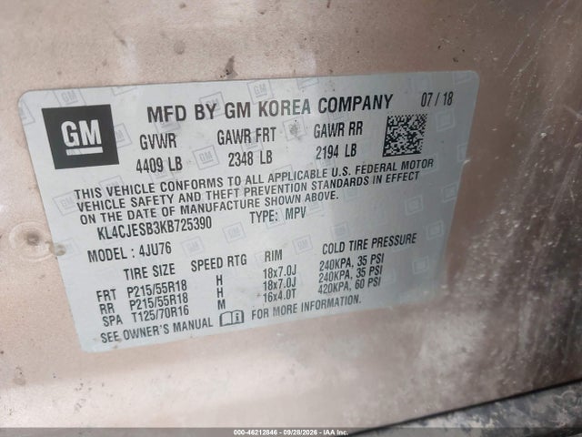 46212846 :رقم المزاد ، KL4CJESB3KB725390 vin ، 2019 Buick Encore Awd Preferred مزاد بيع