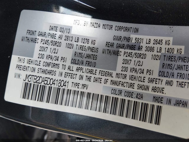 Aukcja sprzedaży 2013 Mazda Cx-9 Grand Touring, vin: JM3TB2DA5D0418041, numer aukcji: 46212854
