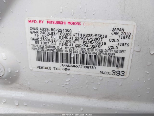 Продаж на аукціоні авто 2010 Mitsubishi Outlander Se, vin: JA4AS3AWXAZ008780, номер лоту: 46212870