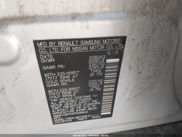 Aukcja sprzedaży 2019 Nissan Rogue Sv, vin: KNMAT2MT0KP528644, numer aukcji: 46212872