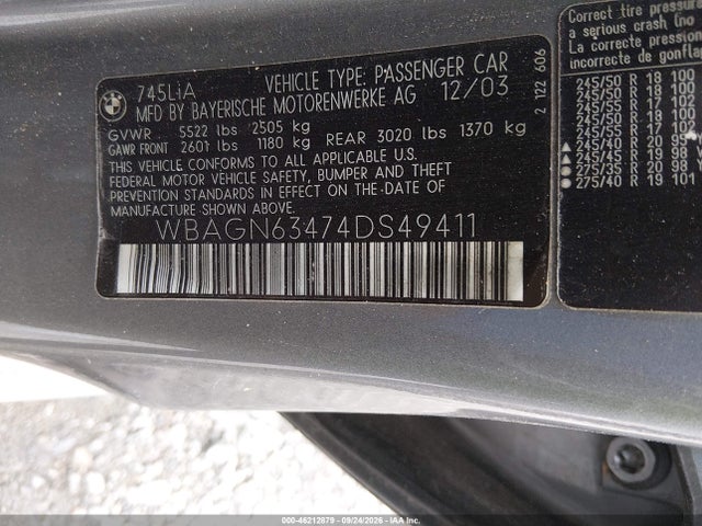 Aukcja sprzedaży 2004 Bmw 745li, vin: WBAGN63474DS49411, numer aukcji: 46212879