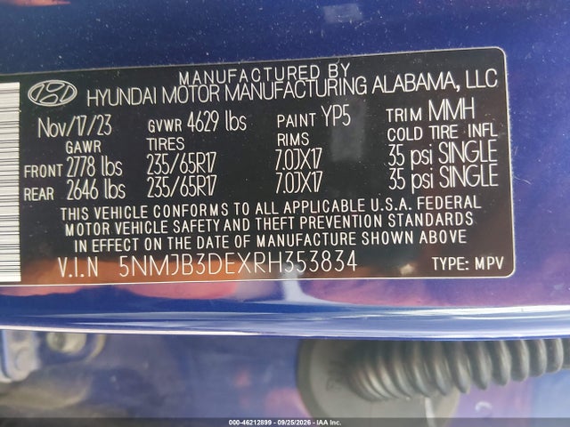 Продажа на аукционе авто 2024 Hyundai Tucson Sel, vin: 5NMJB3DEXRH353834, номер лота: 46212899
