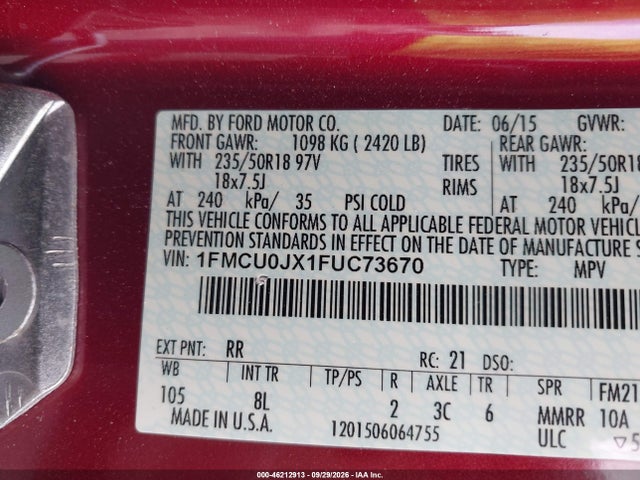 Продажа на аукционе авто 2015 Ford Escape Titanium, vin: 1FMCU0JX1FUC73670, номер лота: 46212913