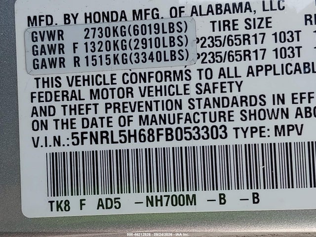 2015 Honda Odyssey Ex-l მანქანა იყიდება აუქციონზე, vin: 5FNRL5H68FB053303, აუქციონის ნომერი: 46212926