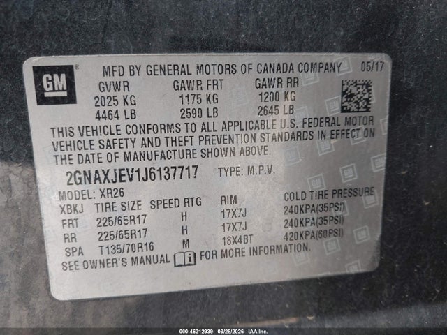Aukcja sprzedaży 2018 Chevrolet Equinox Lt, vin: 2GNAXJEV1J6137717, numer aukcji: 46212939