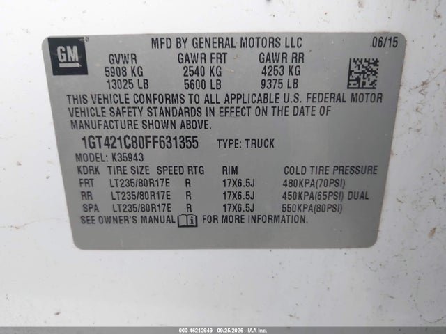 Aukcja sprzedaży 2015 Gmc Sierra 3500hd Available Wifi, vin: 1GT421C80FF631355, numer aukcji: 46212949