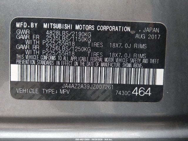 Aukcja sprzedaży 2018 Mitsubishi Outlander Es, vin: JA4AZ2A39JZ007261, numer aukcji: 46212950