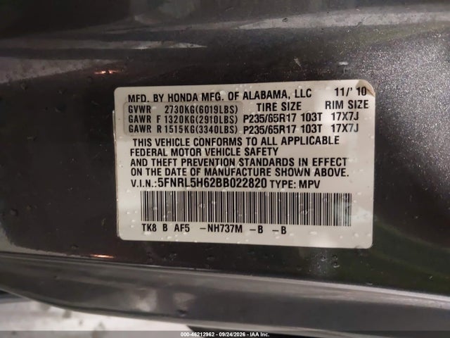 Продаж на аукціоні авто 2011 Honda Odyssey Ex-l, vin: 5FNRL5H62BB022820, номер лоту: 46212962