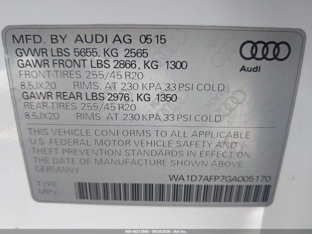 46212965 :رقم المزاد ، WA1D7AFP7GA005170 vin ، 2016 Audi Q5 3.0t Premium Plus مزاد بيع