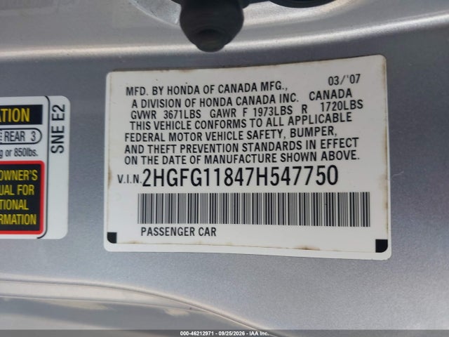 Aukcja sprzedaży 2007 Honda Civic Ex, vin: 2HGFG11847H547750, numer aukcji: 46212971