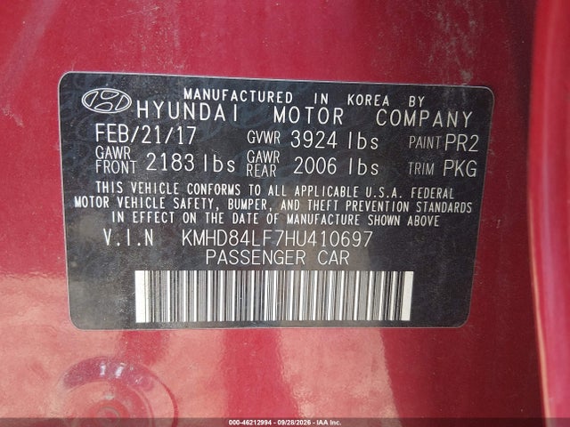 Продаж на аукціоні авто 2017 Hyundai Elantra Se, vin: KMHD84LF7HU410697, номер лоту: 46212994