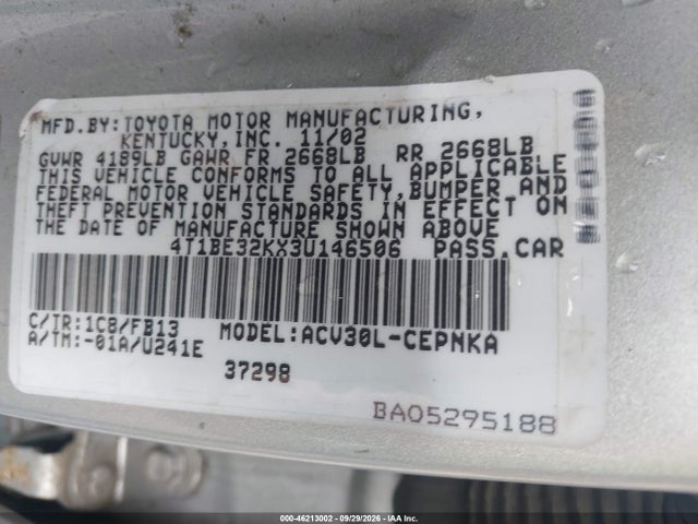 46213002 :رقم المزاد ، 4T1BE32KX3U146506 vin ، 2003 Toyota Camry Le مزاد بيع
