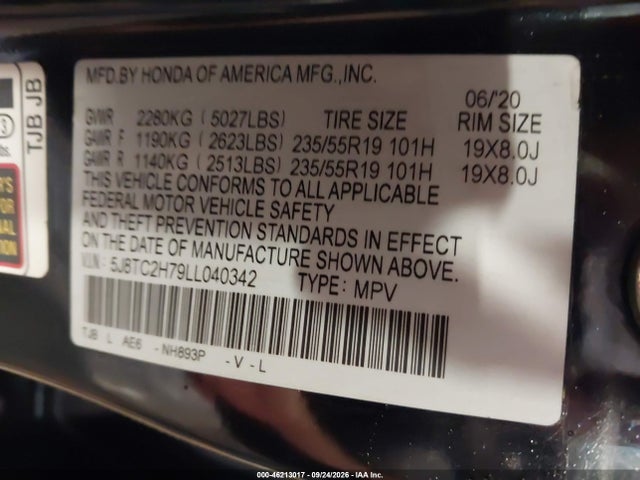 2020 Acura Rdx Advance Package მანქანა იყიდება აუქციონზე, vin: 5J8TC2H79LL040342, აუქციონის ნომერი: 46213017