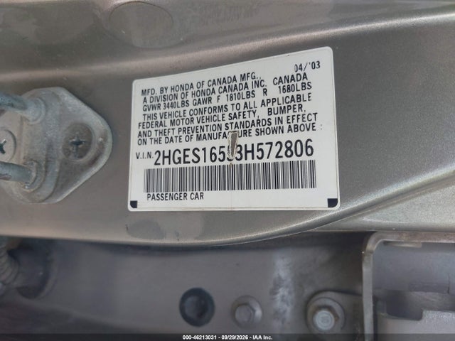Aukcja sprzedaży 2003 Honda Civic Lx, vin: 2HGES16553H572806, numer aukcji: 46213031