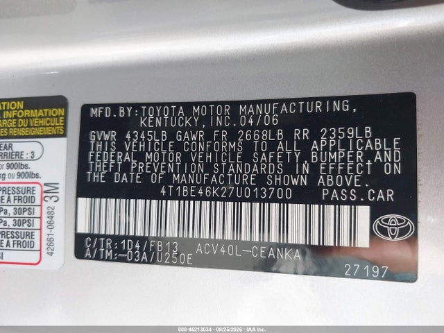 2007 Toyota Camry Le მანქანა იყიდება აუქციონზე, vin: 4T1BE46K27U013700, აუქციონის ნომერი: 46213034