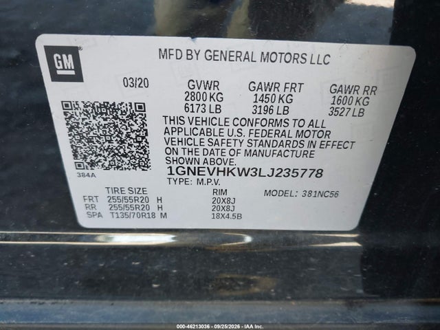 Aukcja sprzedaży 2020 Chevrolet Traverse Awd Lt Leather, vin: 1GNEVHKW3LJ235778, numer aukcji: 46213036