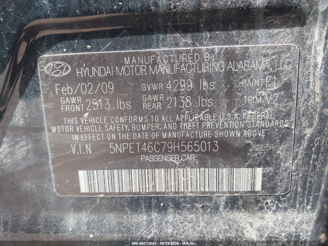 2009 Hyundai Sonata Gls მანქანა იყიდება აუქციონზე, vin: 5NPET46C79H565013, აუქციონის ნომერი: 46213042