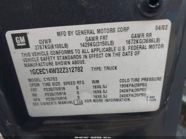 46213047 :رقم المزاد ، 1GCEC14W32Z312782 vin ، 2002 Chevrolet Silverado 1500 مزاد بيع