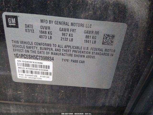 2012 Chevrolet Cruze Ls მანქანა იყიდება აუქციონზე, vin: 1G1PC5SH5C7398834, აუქციონის ნომერი: 46213069