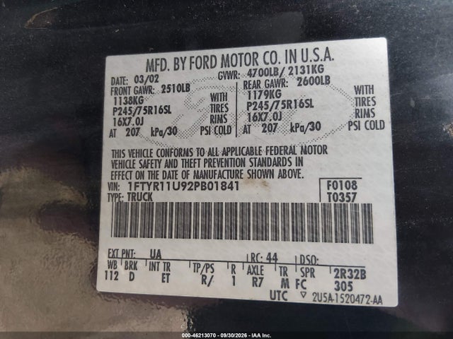 Продаж на аукціоні авто 2002 Ford Ranger Edge, vin: 1FTYR11U92PB01841, номер лоту: 46213070