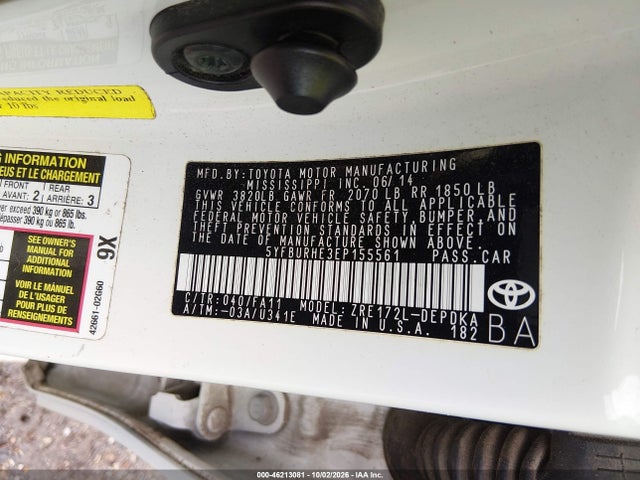 Aukcja sprzedaży 2014 Toyota Corolla L, vin: 5YFBURHE3EP155561, numer aukcji: 46213081