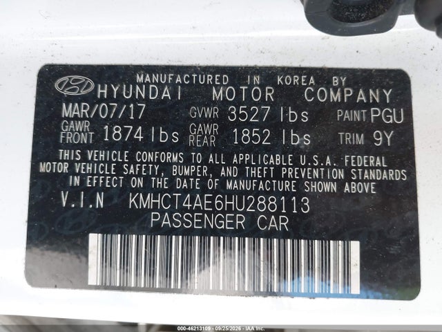 2017 Hyundai Accent Se მანქანა იყიდება აუქციონზე, vin: KMHCT4AE6HU288113, აუქციონის ნომერი: 46213109