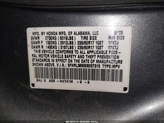 2009 Honda Odyssey Touring მანქანა იყიდება აუქციონზე, vin: 5FNRL38999B057315, აუქციონის ნომერი: 46213116