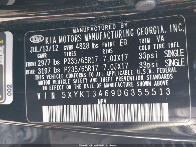 Продажа на аукционе авто 2013 Kia Sorento Lx, vin: 5XYKT3A69DG355513, номер лота: 46213121