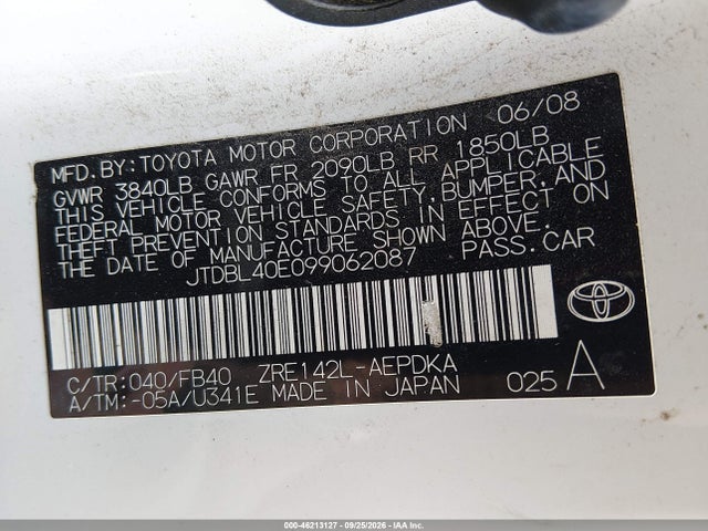 46213127 :رقم المزاد ، JTDBL40E099062087 vin ، 2009 Toyota Corolla Le مزاد بيع
