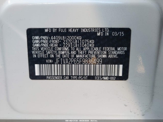 Subaru Wrx Sti 2015 JF1VA2P65F9836499 Image 9